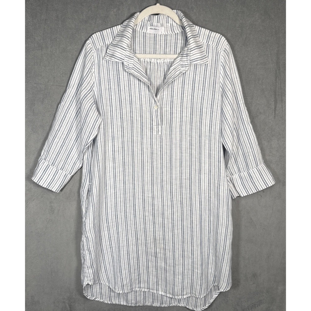 Allen Allen 100% Linen Shirt Dress Blue White Tunic Roll Sleeve Sz M Pockets USA